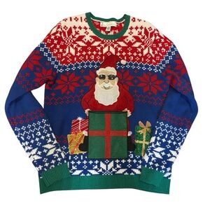 Jolly Sweaters Santa Sweater Large Holiday Blue Red Christmas Acrylic Pocket